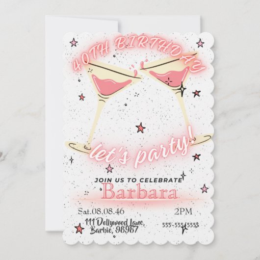 Pink Cocktail 40th Birthday Invitation セーブザデート (正面)