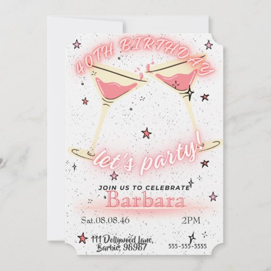 Pink Cocktail 40th Birthday Invitation セーブザデート (正面)