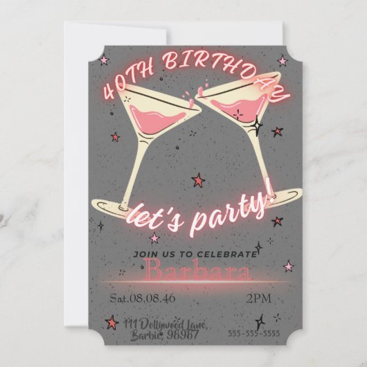 Pink Cocktail 40th Birthday Invitation セーブザデート (正面)