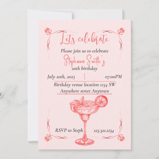 Pink Cocktail Birthday Invitation - Summer Vibe 招待状 (正面)