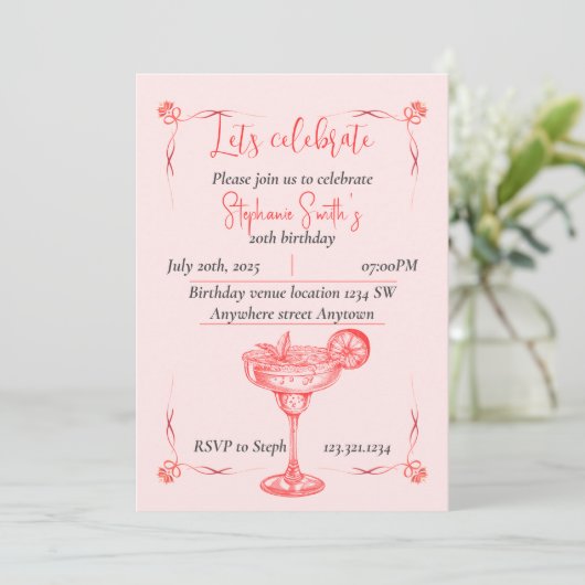 Pink Cocktail Birthday Invitation - Summer Vibe 招待状 (スタンド正面)