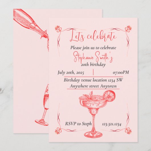 Pink Cocktail Birthday Invitation - Summer Vibe 招待状 (正面/裏面)