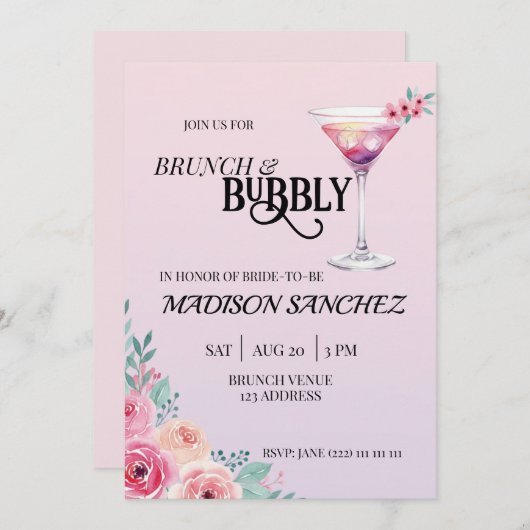 Pink Cocktail Brunch and Bubbly Bridal Shower 招待状 (正面/裏面)
