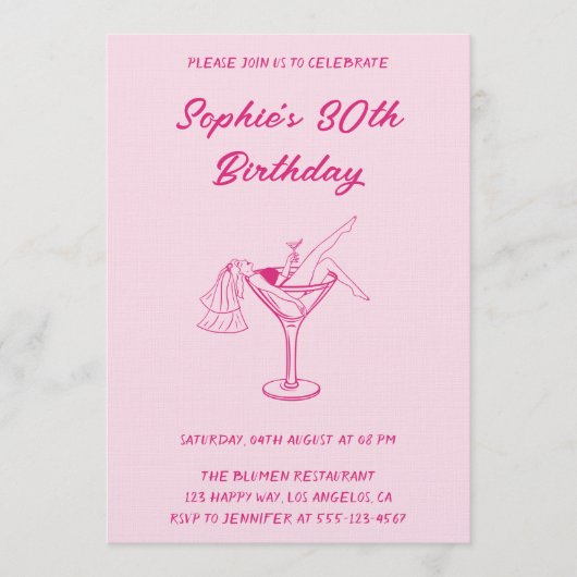 Pink Cocktail Party 30th Birthday | Retro Martini  招待状 (正面)