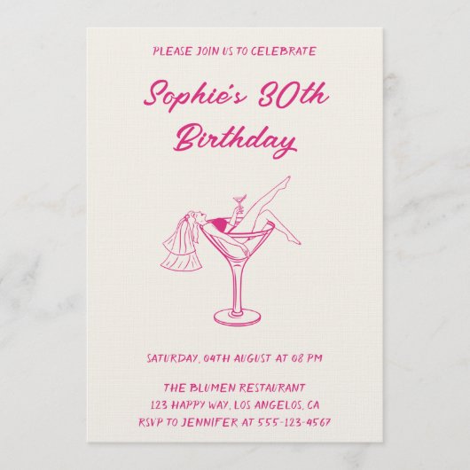 Pink Cocktail Party 30th Birthday | Retro Martini  招待状 (正面)
