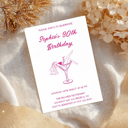 Pink Cocktail Party 30th Birthday | Retro Martini  招待状
