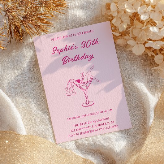 Pink Cocktail Party 30th Birthday | Retro Martini  招待状