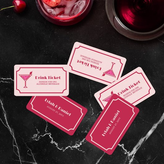 Pink Cocktail Retro Font Wedding Drink Ticket 割引カード