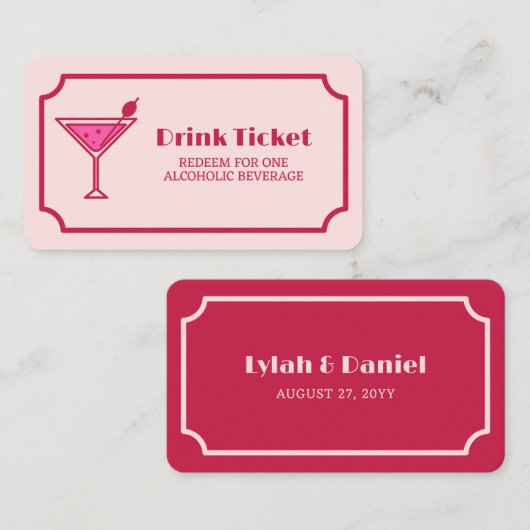 Pink Cocktail Retro Font Wedding Drink Ticket 割引カード (正面/裏面)