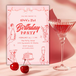 Pink Cocktail Valentine’s Day 21st Birthday Party 招待状