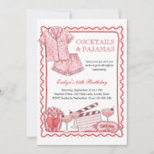 Pink Cocktails and Pajamas Girls Night Birthday 招待状 (正面)