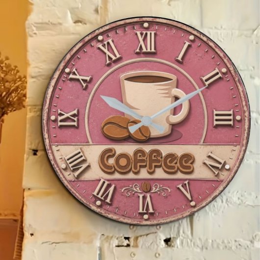 Pink Coffee Feminine Coffee Bar Decor ラージ壁時計