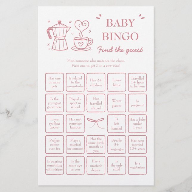 Pink Coffee Find the Guest Baby Bingo Game (正面)