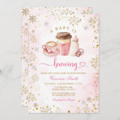 Pink Coffee Winter Snowflakes Latte Baby Shower 招待状 (正面/裏面)