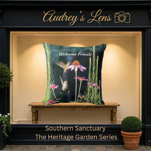 Pink Coneflower & Hummingbirds Welcome クッション