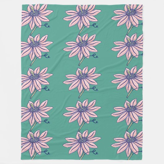 Pink Coneflower Teal Pattern フリースブランケット (正面)