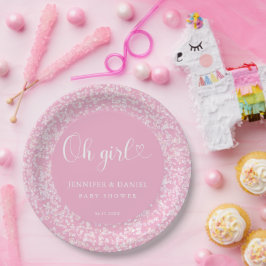 Pink Confetti Circle Oh Girl Elegant Script ペーパープレート