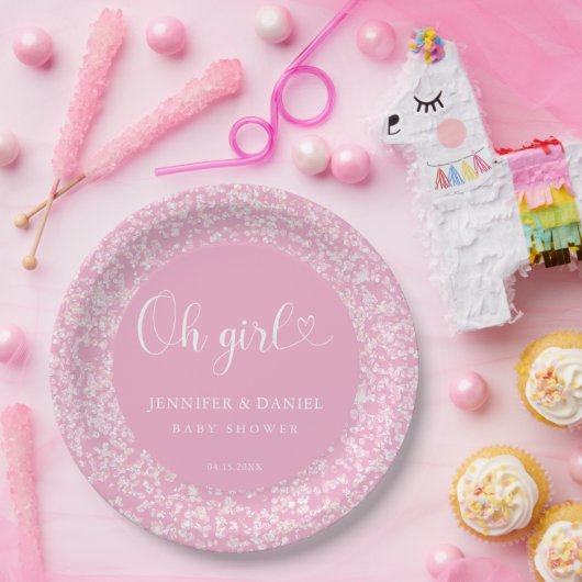 Pink Confetti Circle Oh Girl Elegant Script ペーパープレート (パーティー)
