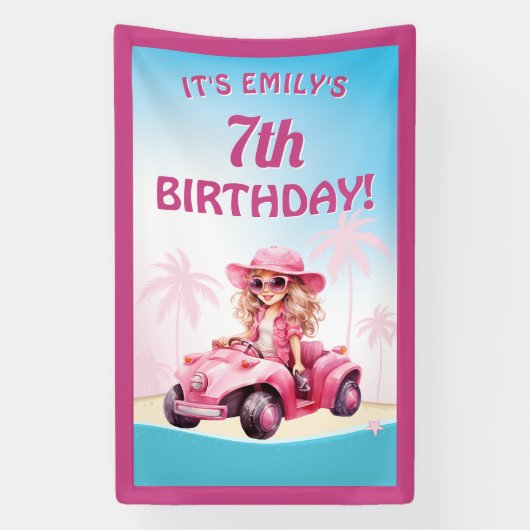 Pink Convertible Beach Birthday 横断幕 (縦)