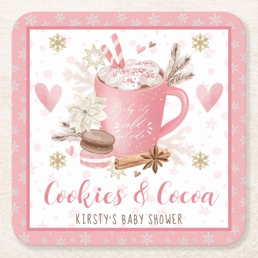 Pink Cookies and Cocoa Baby Shower スクエアペーパーコースター (正面)