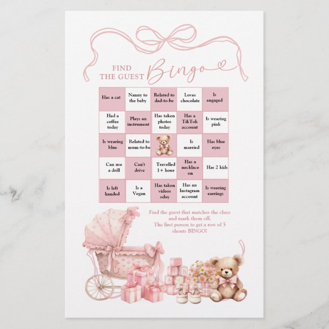 Pink Coquette Baby Carriage Find The Guest Bingo (正面)