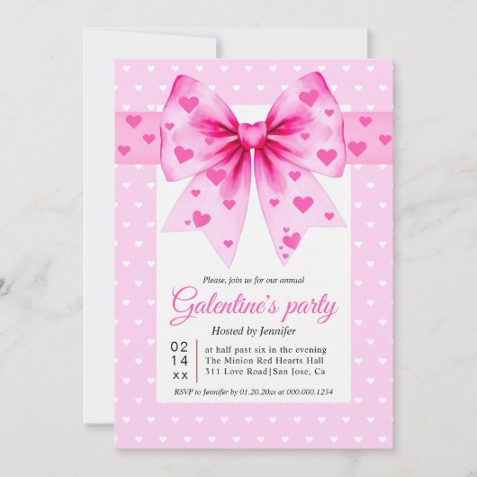 Pink coquette bow and hearts Galentine's Day party 招待状 (正面)