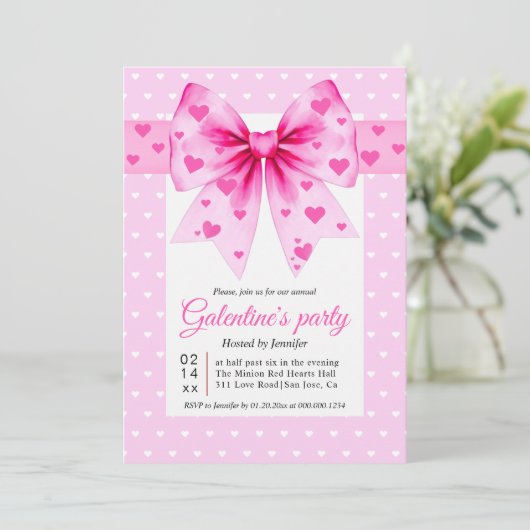 Pink coquette bow and hearts Galentine's Day party 招待状 (スタンド正面)