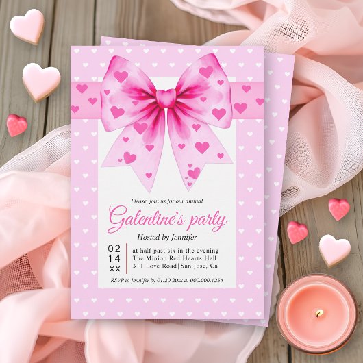 Pink coquette bow and hearts Galentine's Day party 招待状