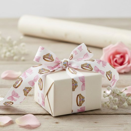 Pink Coquette Bow and Tiara Pattern Satin Ribbon サテンリボン