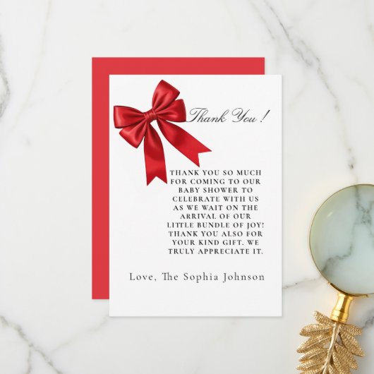 Pink Coquette Bow Baby Shower Flat Thank You Card サンキューカード (正面/裏面インサイチュ)