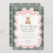 Pink Coquette Bow Bear Beary First Birthday 招待状 (正面/裏面)