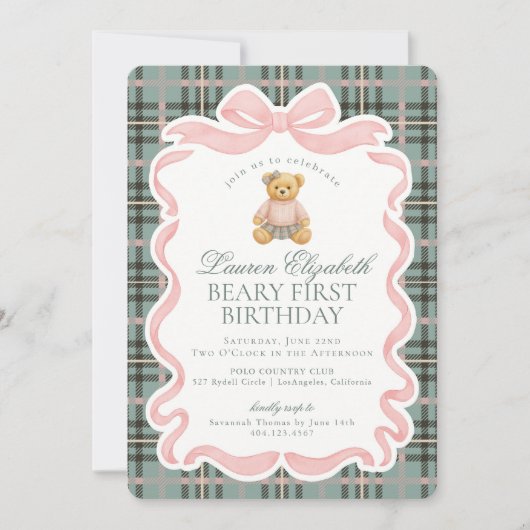 Pink Coquette Bow Bear Beary First Birthday 招待状 (正面)