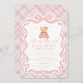 Pink Coquette Bow Bear Beary First Birthday 招待状 (正面/裏面)