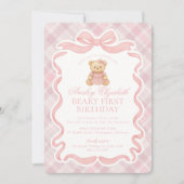 Pink Coquette Bow Bear Beary First Birthday 招待状 (正面)