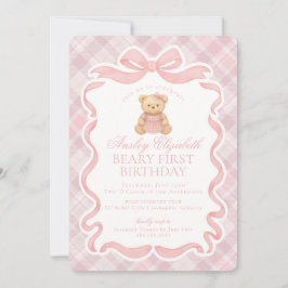 Pink Coquette Bow Bear Beary First Birthday 招待状