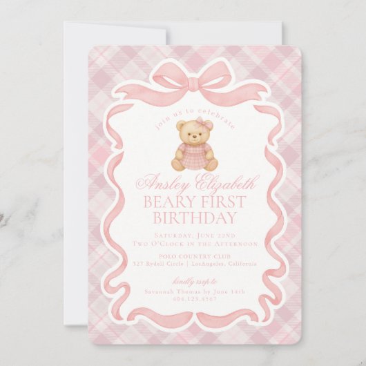 Pink Coquette Bow Bear Beary First Birthday 招待状 (正面)
