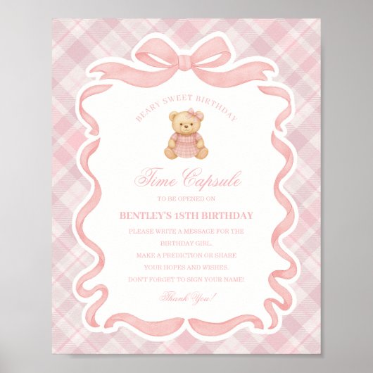 Pink Coquette Bow Bear Birthday Time Capsule ポスター (正面)