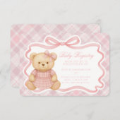 Pink Coquette Bow Bear Plaid Baby Registry Card エンクロージャーカード (正面/裏面)