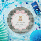 Pink Coquette Bow Bear Plaid Baby Shower  ペーパープレート (パーティー)