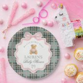 Pink Coquette Bow Bear Plaid Baby Shower  ペーパープレート (パーティー)