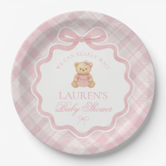 Pink Coquette Bow Bear Plaid Baby Shower ペーパープレート