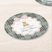 Pink Coquette Bow Bear Plaid Baby Shower  ラウンドペーパーコースター (アングル)