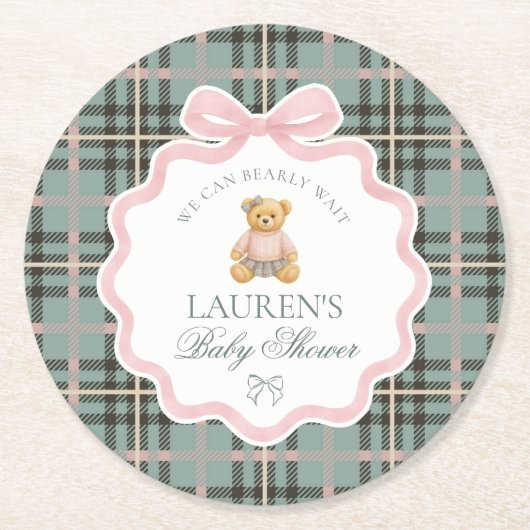 Pink Coquette Bow Bear Plaid Baby Shower  ラウンドペーパーコースター (正面)