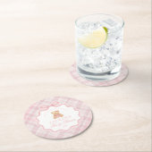 Pink Coquette Bow Bear Plaid Baby Shower  ラウンドペーパーコースター (インサイチュ)