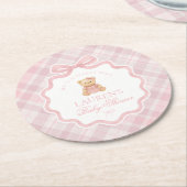 Pink Coquette Bow Bear Plaid Baby Shower  ラウンドペーパーコースター (アングル)