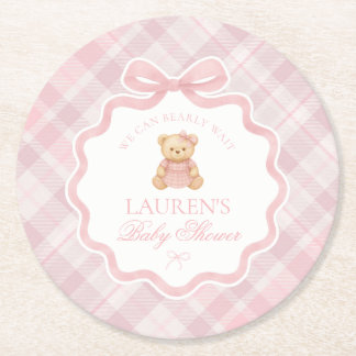 Pink Coquette Bow Bear Plaid Baby Shower ラウンドペーパーコースター