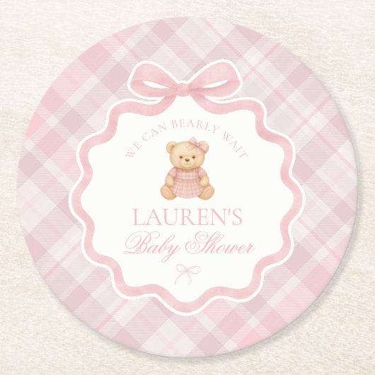 Pink Coquette Bow Bear Plaid Baby Shower  ラウンドペーパーコースター (正面)