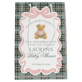 Pink Coquette Bow Bear Plaid Baby Shower Favors ミディアムペーパーバッグ
