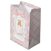 Pink Coquette Bow Bear Plaid Baby Shower Favors ミディアムペーパーバッグ (裏面アングル)