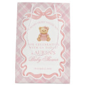 Pink Coquette Bow Bear Plaid Baby Shower Favors ミディアムペーパーバッグ (裏面)